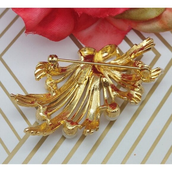 Vintage 1980's M JENT Gold Tone Art Deco Simulated Pearl Spray 2.5" Brooch Pin - Picture 5 of 7